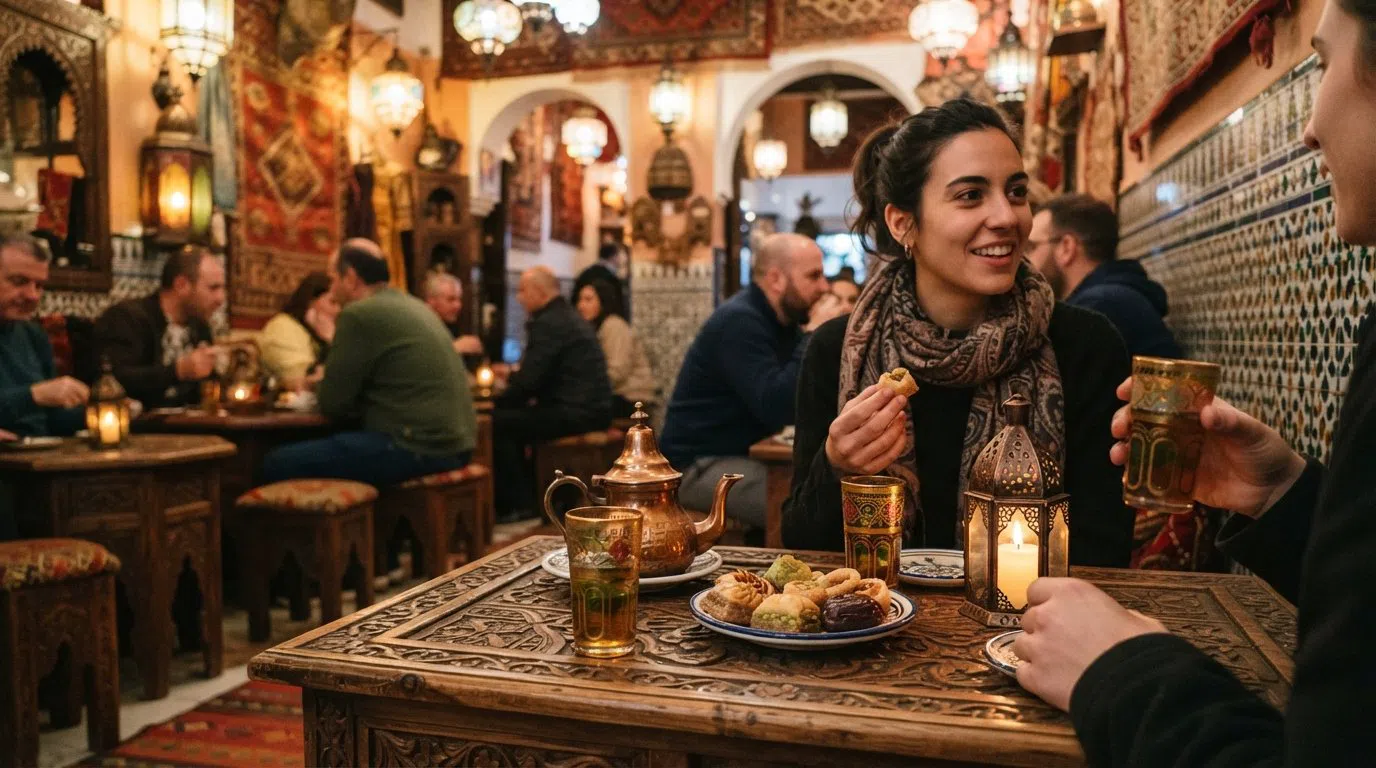 o interior iluminado por lanternas da Kasbah na Calle Calderería Nueva, copos de chá, doces árabes e decoração mourisca a encher o enquadramento