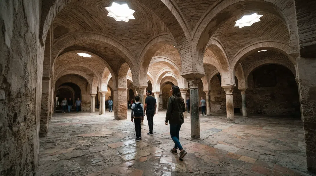 the brick-vaulted interior of El Bañuelo with star-shaped skylights overhead and soft light on the old stone floor