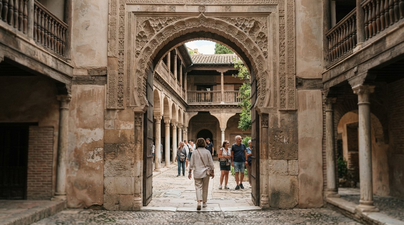 the horseshoe gateway of the Corral del Carbón opening into its shaded courtyard, stone arches and wooden galleries in soft daylight