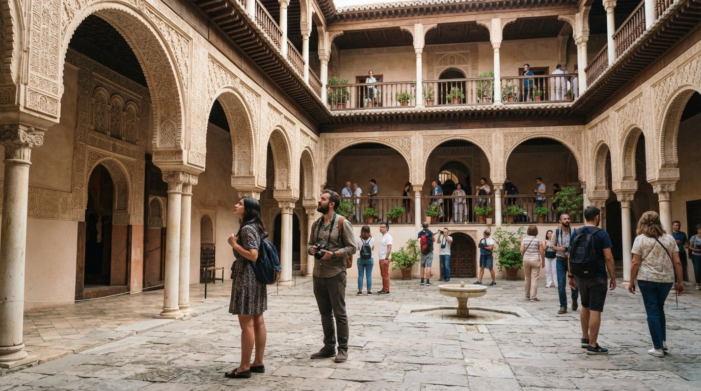 visitors standing in the free courtyard of the Corral del Carbón, with its Nasrid arches and galleried upper level in view