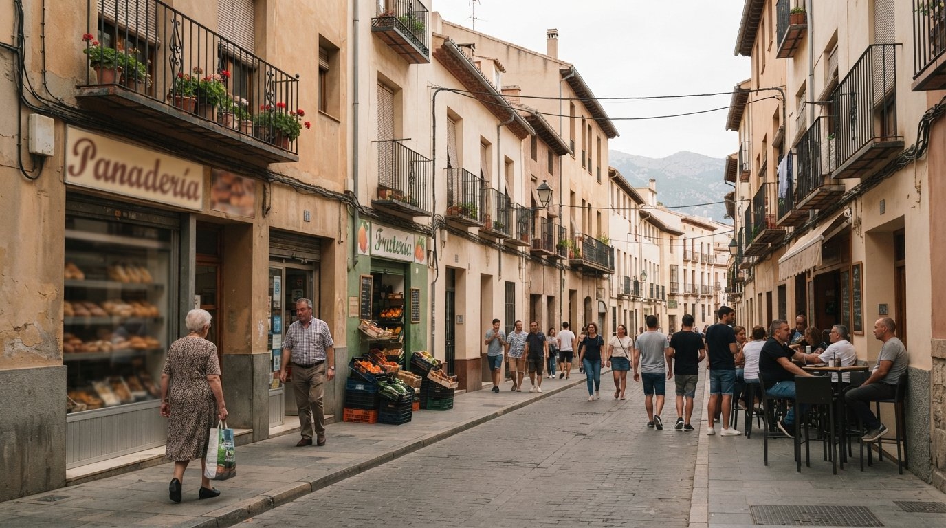 Calle Sagrada Familia in La Chana, Granada, with everyday shops at street level and low residential blocks under flat afternoon light