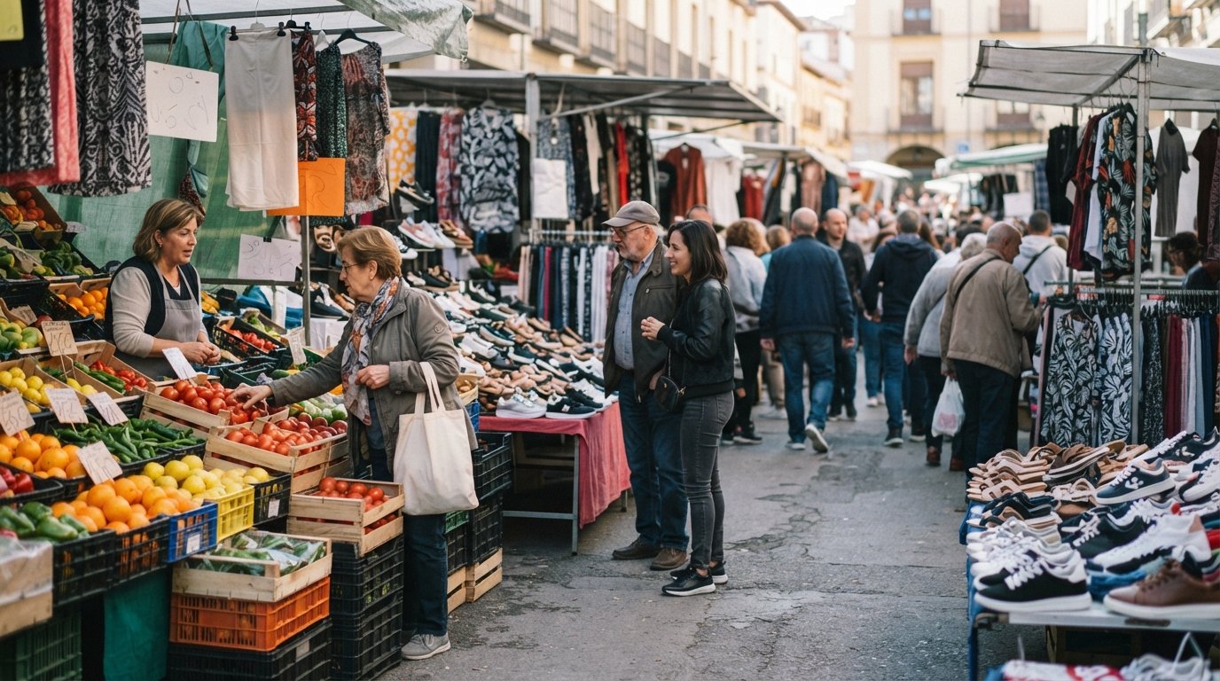 the Mercadillo de La Chana on a Wednesday morning, stalls of fruit, vegetables, shoes and cheap clothes with neighbours browsing and chatting