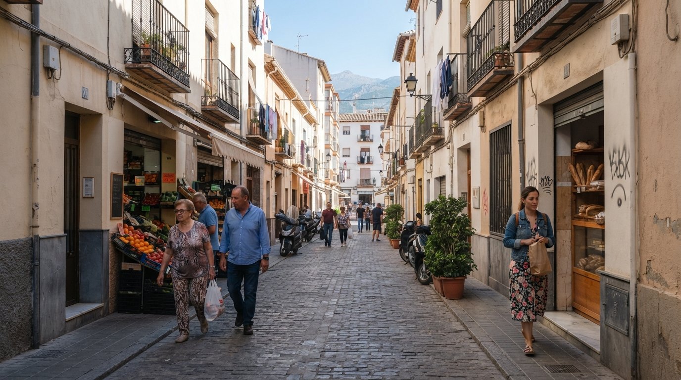 Calle Sagrada Familia in La Chana with simple shopfronts and practical retail, the kind of everyday shopping street used by residents