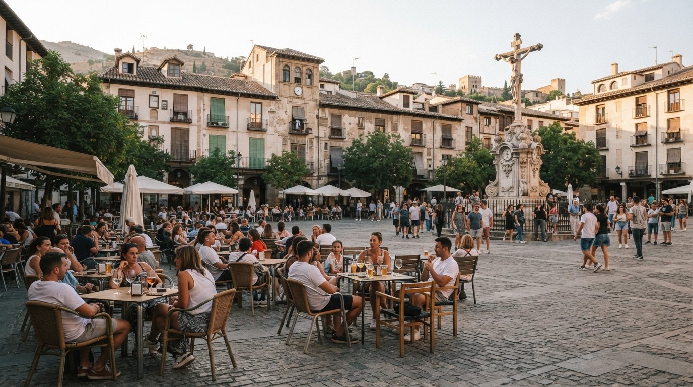 Campo del Príncipe in Realejo at late afternoon, terrace tables around the broad square and the Cristo de los Favores crucifix at the edge