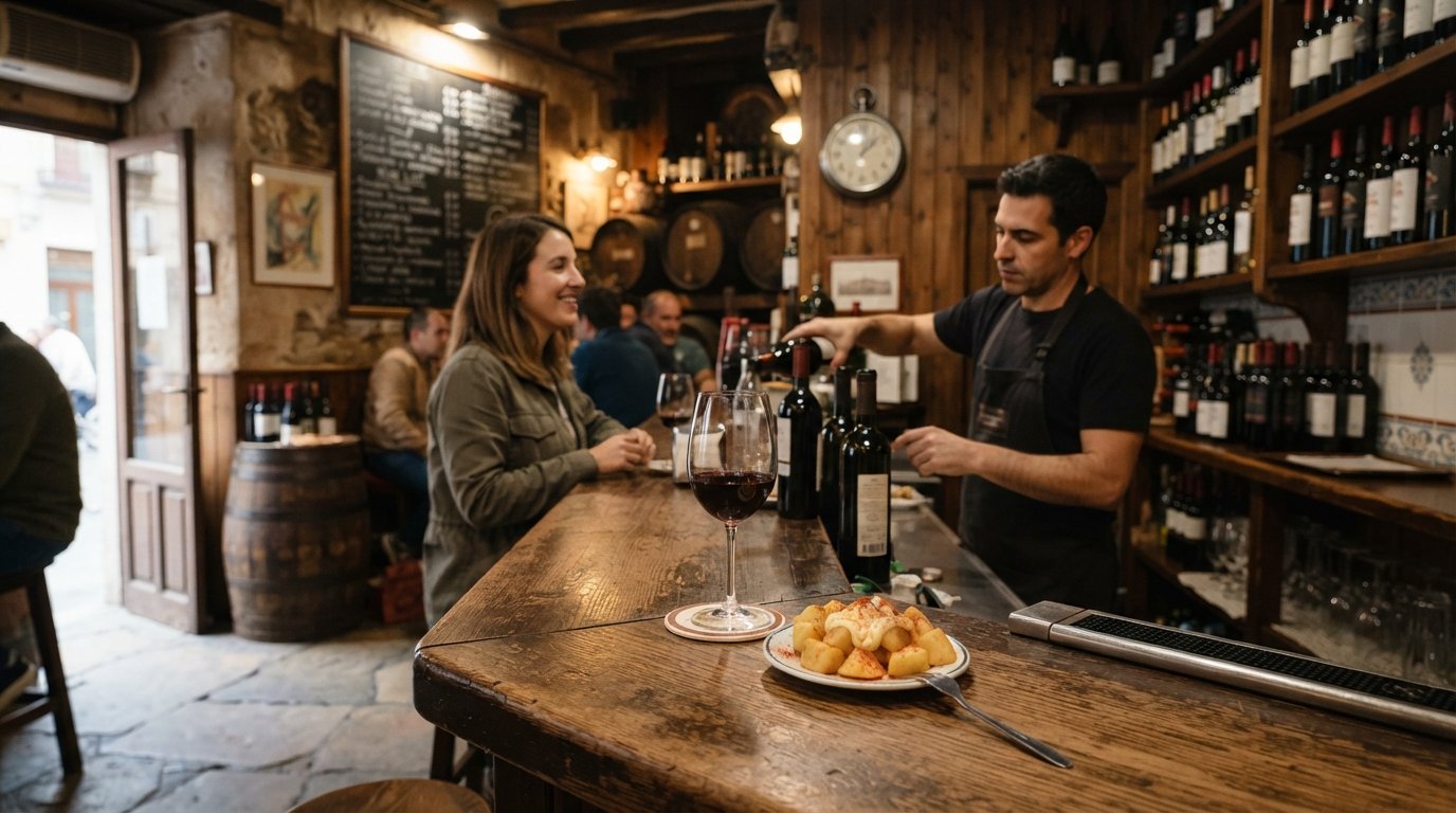 the wood-lined interior of Casa de Vinos La Brujidera on Calle Monjas del Carmen 2, chalkboard wine list and a glass with a free tapa on the bar