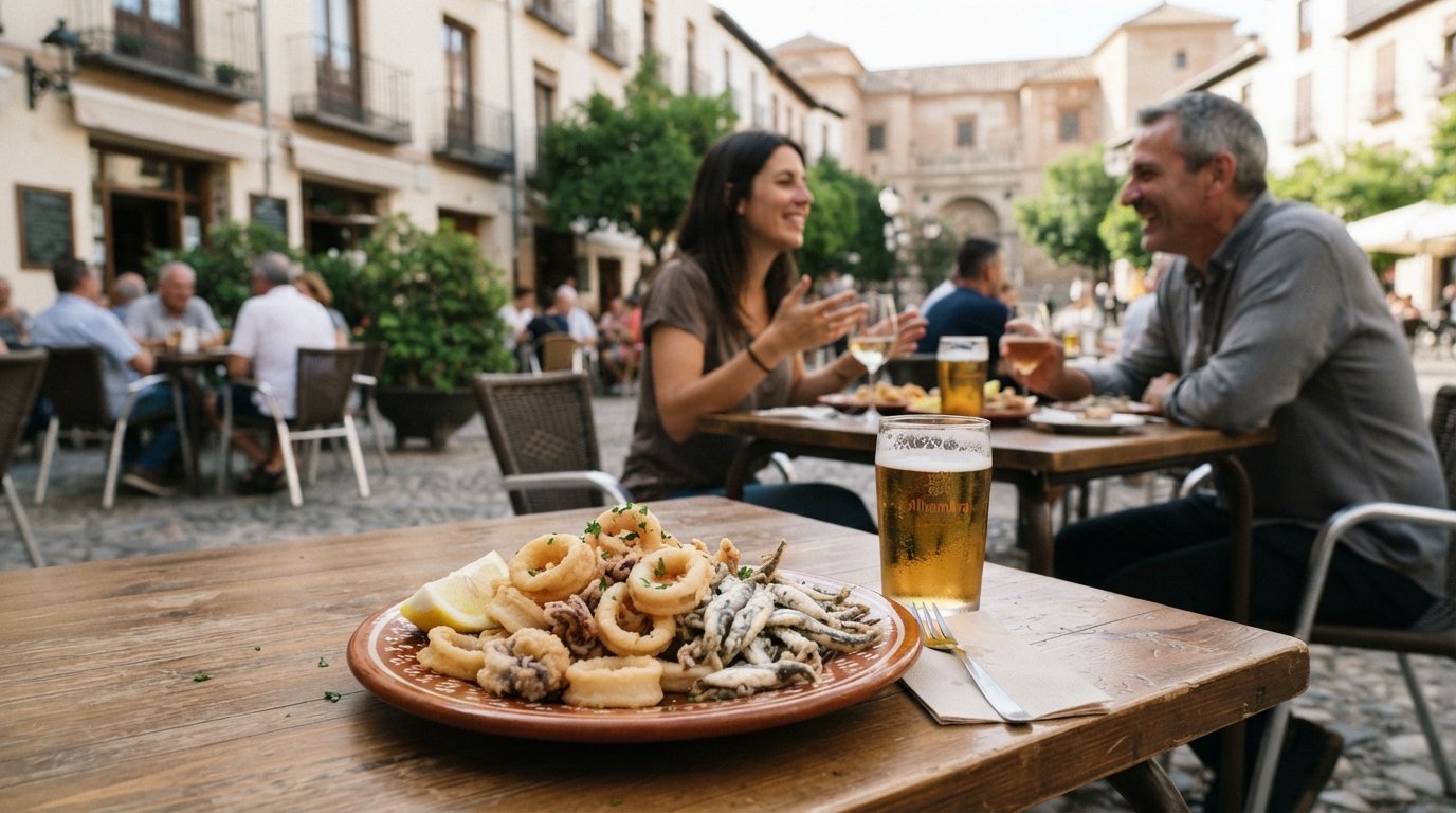 a plate of fried calamari and whitebait tapa from Bar Los Diamantes II on Campo del Príncipe beside a caña on a terrace table