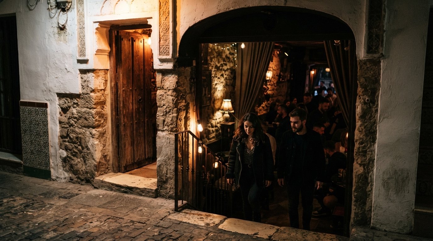 the intimate basement entrance to Quilombo in Realejo, low light and Moorish-tinged decor hinting at a late-night house and techno room