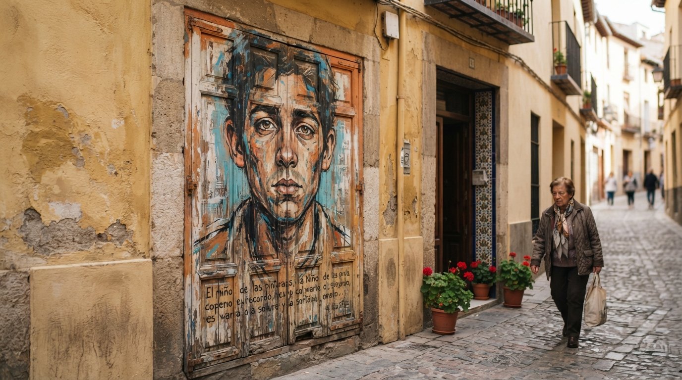 a painted shutter off Calle Molinos in Realejo, an El Niño de las Pinturas portrait with a line of poetry in daylight