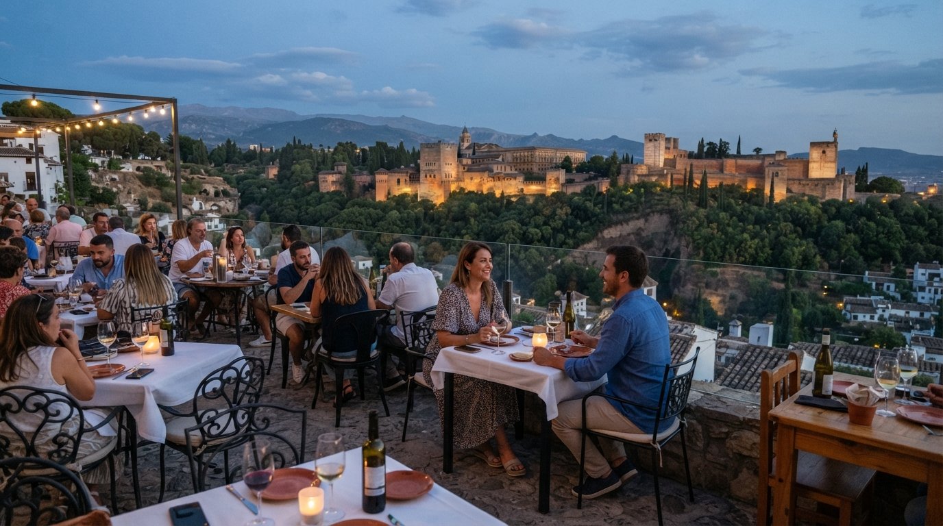 Casa Juanillo’s panoramic terrace above Sacromonte, with the Alhambra filling the view beyond the glass and evening light on the tables