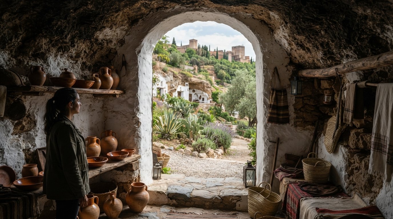 restored cave dwellings at Museo Cuevas del Sacromonte, with pottery, woven tools and the hillside botanical garden visible through the doorway