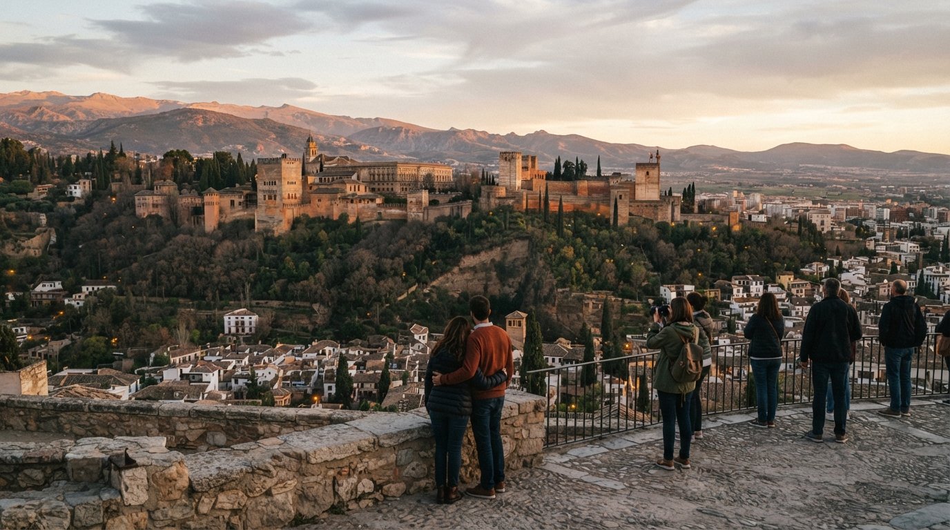 the Alhambra seen from the Mirador de San Miguel Alto at sunset, with Granada and the Sierra Nevada stretched out below