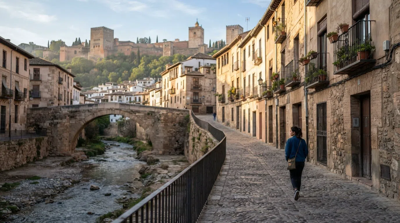 la Carrera del Darro dans la lumière matinale, la rivière à côté de ponts médiévaux et une rue pavée vide courant sous de vieilles façades en pierre