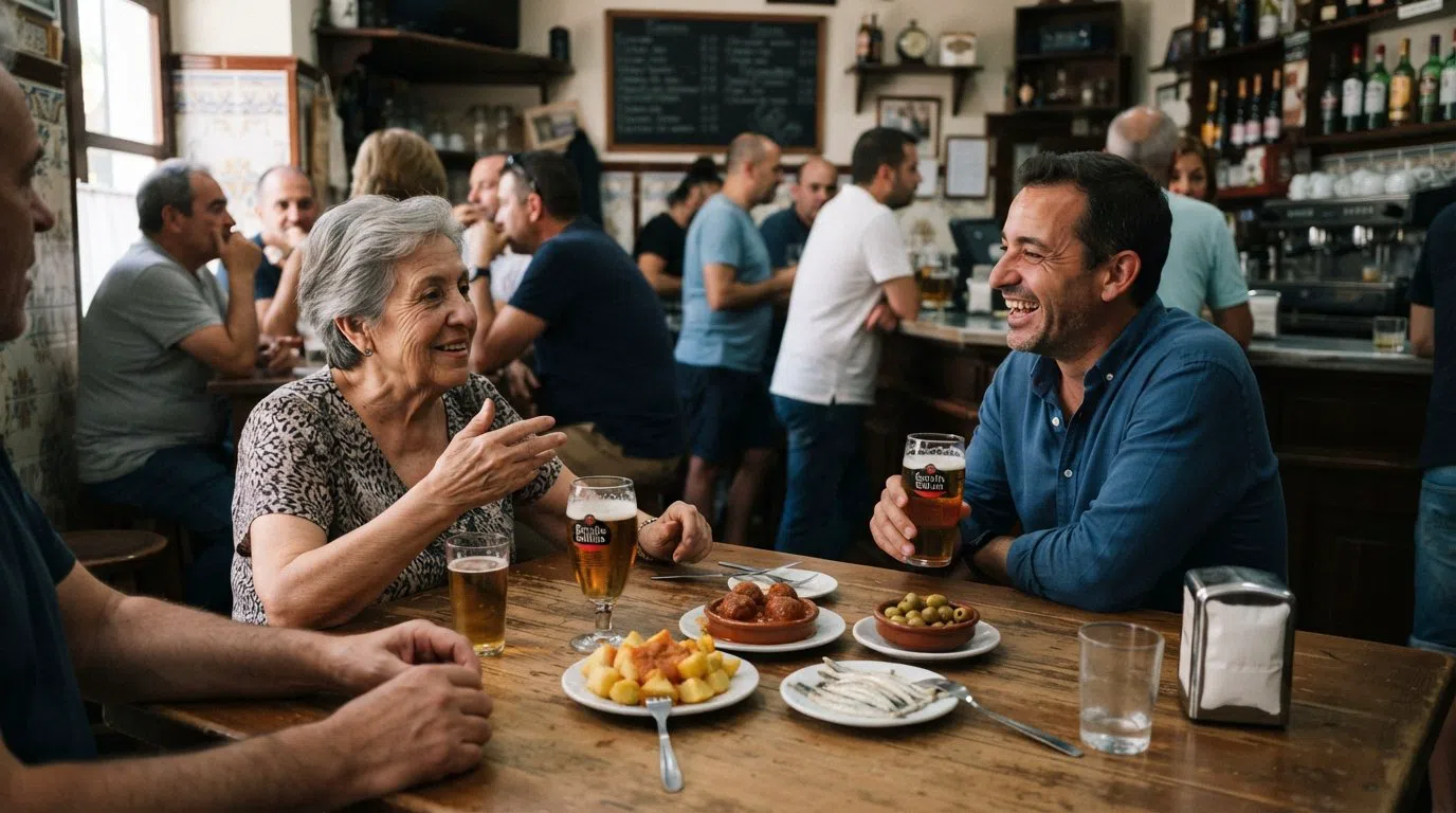 Cafetería Almudena拥挤的午餐桌,位于Calle Poeta Gracián,桌上有小杯啤酒、家常塔帕斯和轻松热闹的街区酒吧氛围
