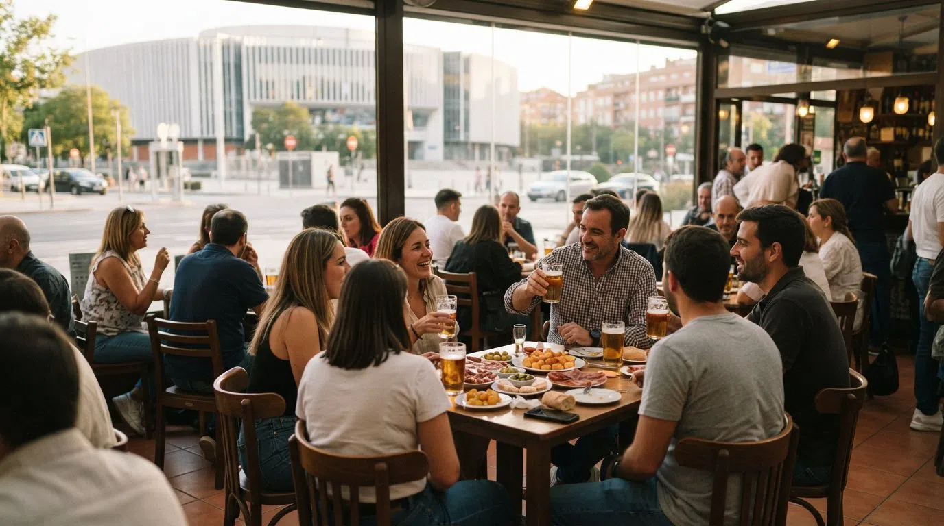 Cervecería Ecu玻璃封闭的露台,对面是体育宫,午后的光线下,当地人在此享用啤酒和超大份免费塔帕斯