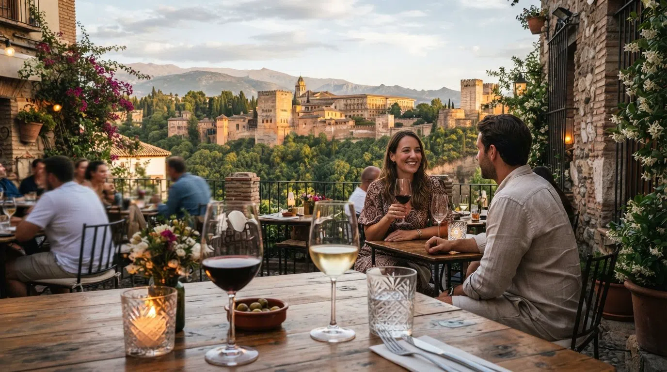 une table en terrasse chez El Huerto de Juan Ranas sous le Mirador de San Nicolás, avec l'Alhambra encadrée au-delà de la verrerie et la lumière de fin d'après-midi