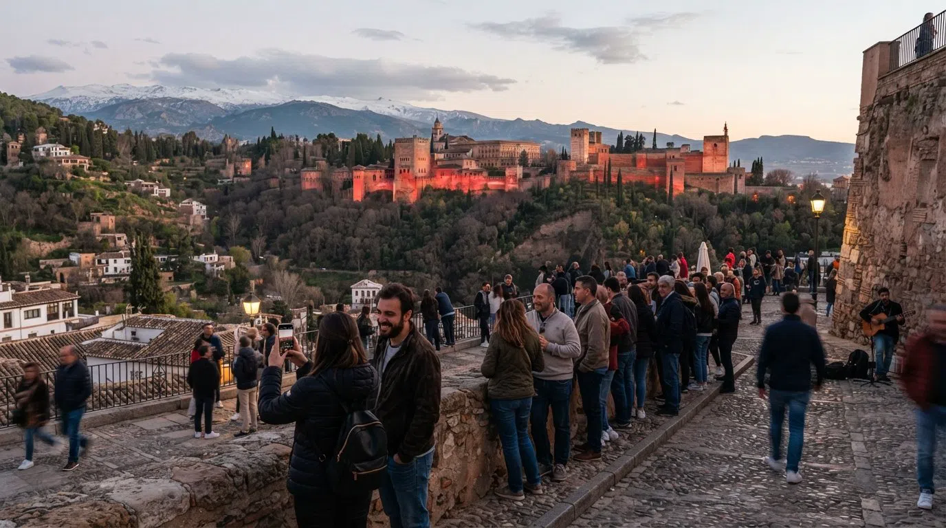 le Mirador de San Nicolás au coucher du soleil, l'Alhambra rougeoyant au-delà de la vallée du Darro avec la Sierra Nevada en arrière-plan et une petite foule rassemblée le long du mur